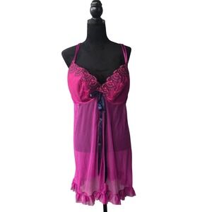 Cacique Magenta Pink Embroidered Mesh Babydoll Chemise Lingerie Plus Size 26/28